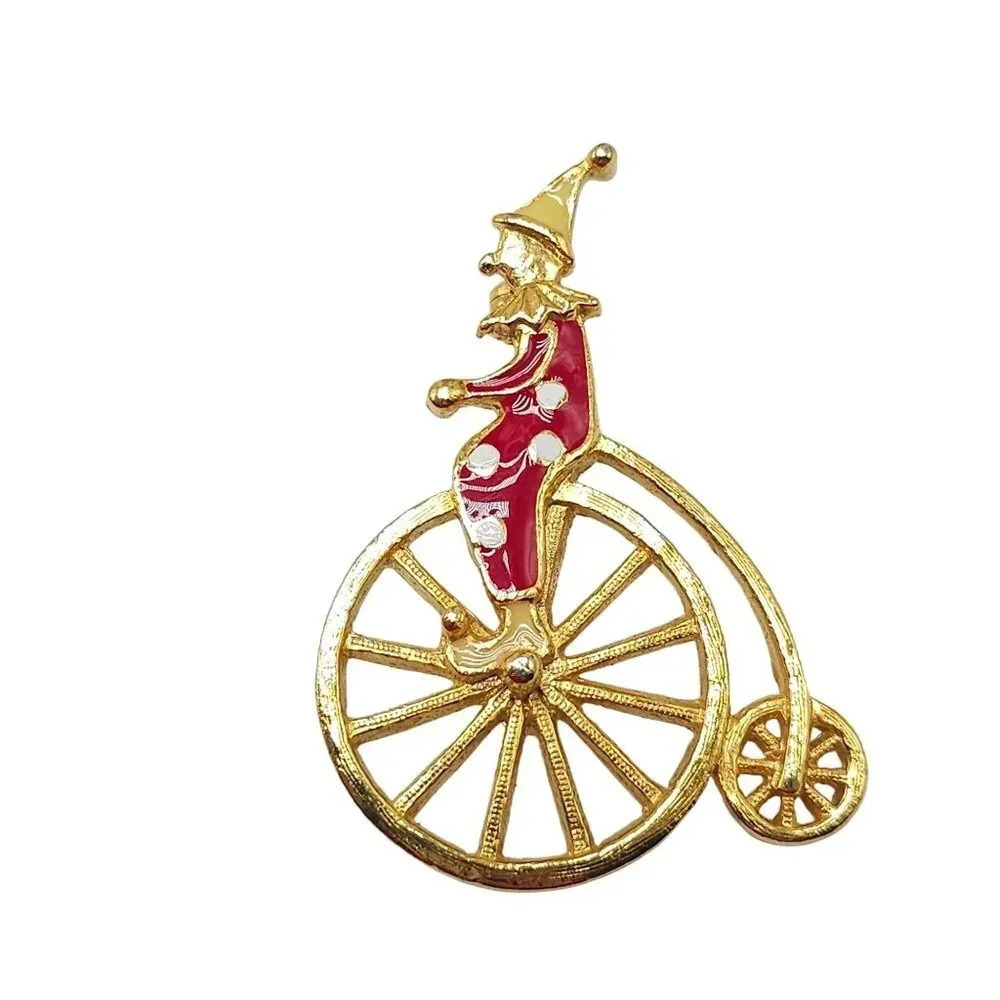 Multicolor Enamel Circus Clown Bicycle Brooch Pin Gold Tone Vintage